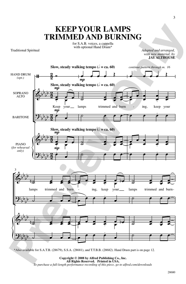 Keep Your Lamps Trimmed and Burning – 3 Part Mixed, a cappella Choral Octavo (Digital Download)
