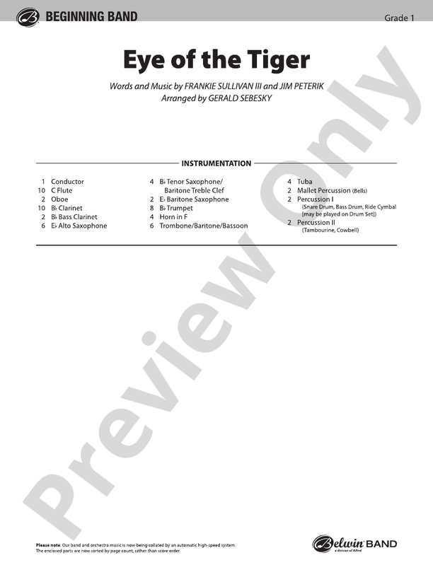 Eye of the Tiger – Concert Band Conductor Score & Parts (Digital Download)