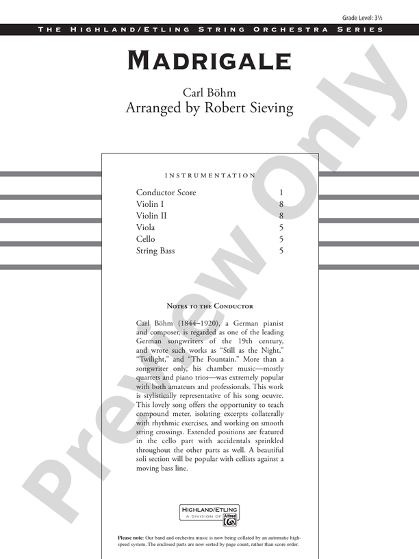 Madrigale – String Orchestra Conductor Score & Parts (Digital Download)