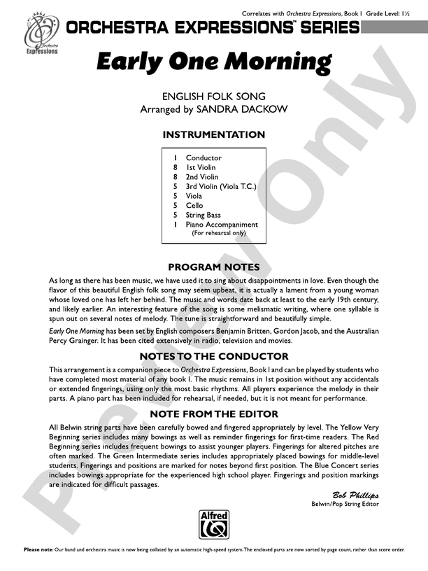 Early One Morning – String Orchestra Conductor Score & Parts (Digital Download)