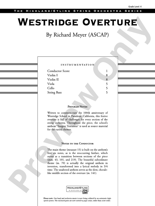 Westridge Overture – String Orchestra Conductor Score & Parts (Digital Download)