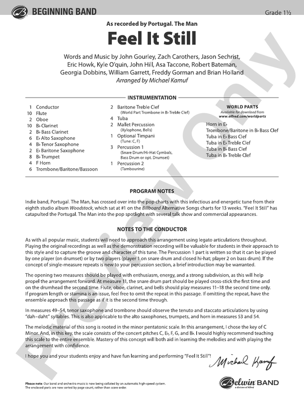 Feel It Still - Concert Band Conductor Score & Parts (Digital Download)