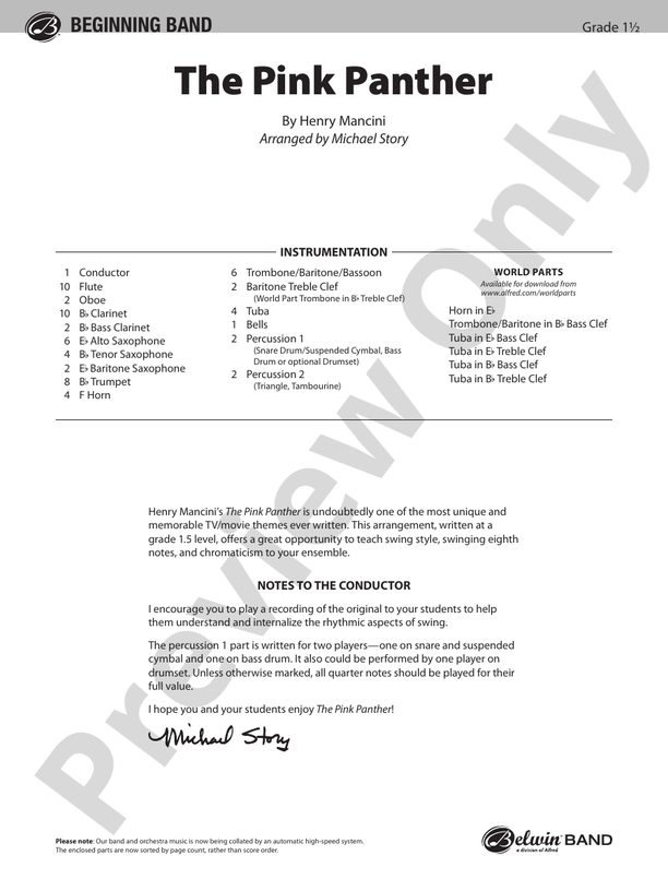 The Pink Panther (Arr. Michael Story) - Concert Band Conductor Score & Parts (Digital Download)
