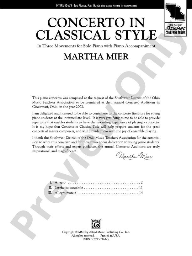 Concerto in Classical Style: In Three Movements for Solo Piano with Piano Accompaniment - 2 Pianos, 4 Hands (Digital Download)