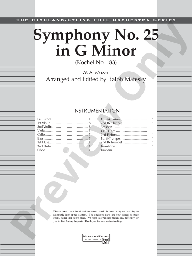Mozart's Symphony No. 25 in G Minor, 1st & 2nd Movements – Full Orchestra Conductor Score & Parts (Digital Download)