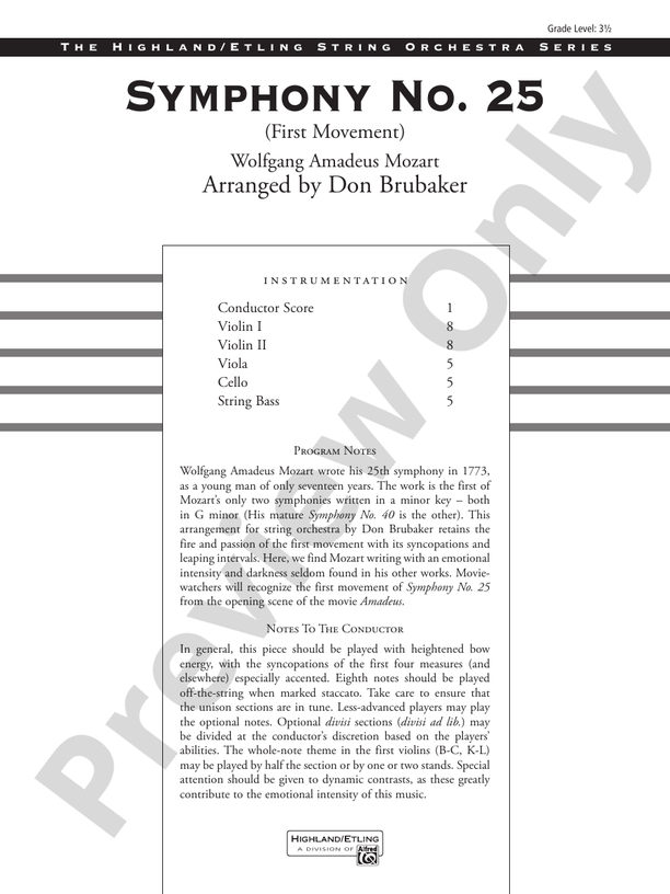 Symphony No. 25, First Movement – String Orchestra Conductor Score & Parts (Digital Download)