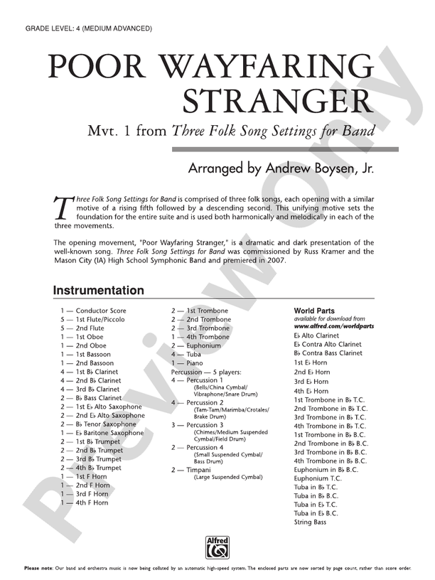 Poor Wayfaring Stranger - Concert Band Conductor Score & Parts (Digital Download)