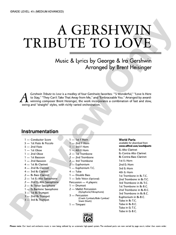A Gershwin Tribute to Love - Concert Band Conductor Score & Parts (Digital Download)