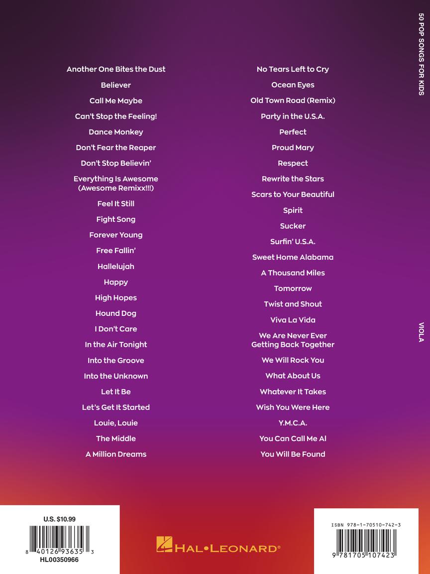 50 Pop Songs for Kids for Viola - Hal Leonard