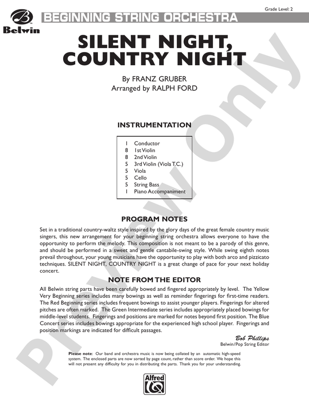 Silent Night, Country Night – String Orchestra Conductor Score & Parts (Digital Download)