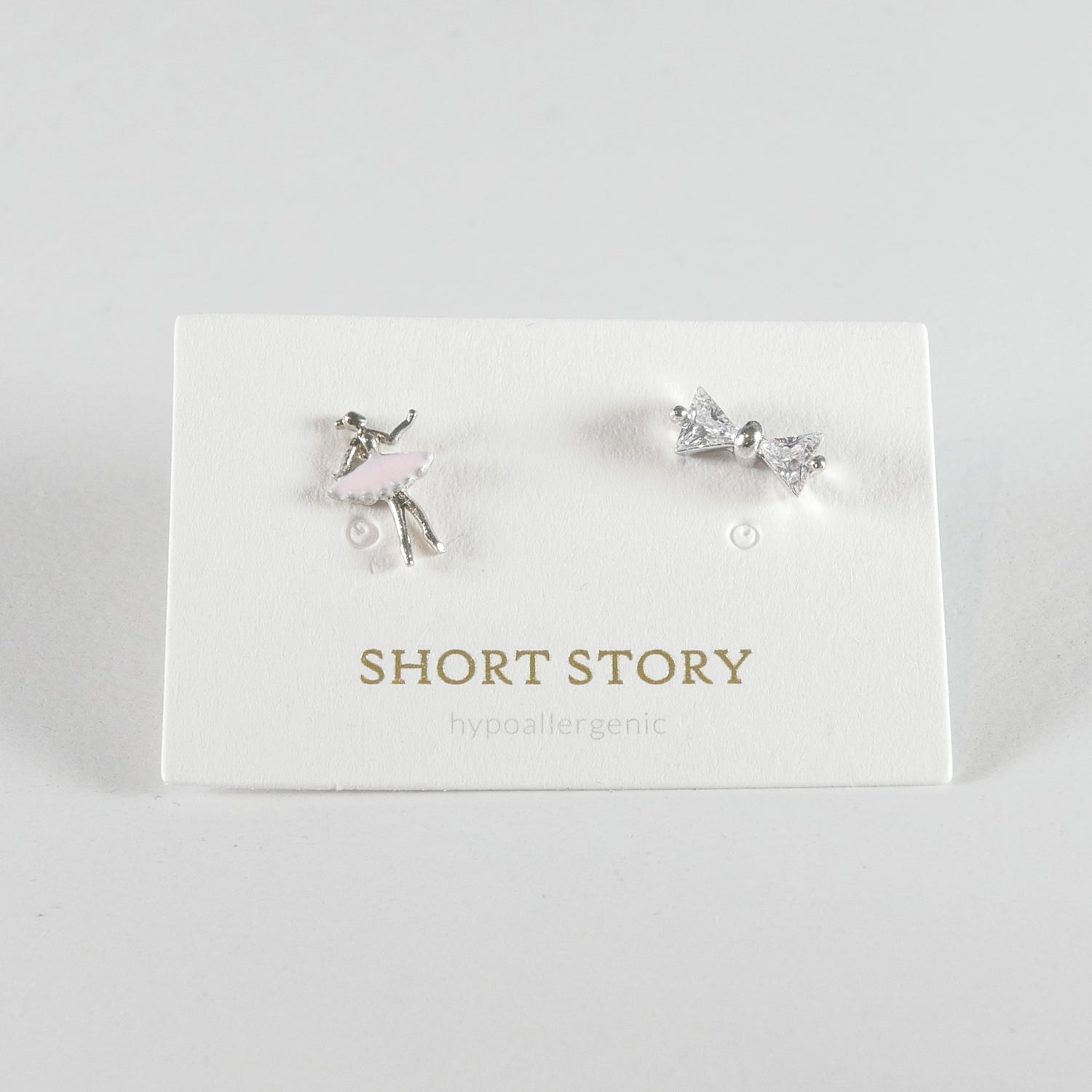 Short Story Silver Ballerina in Pink Tutu Stud Earrings in Glass Vile