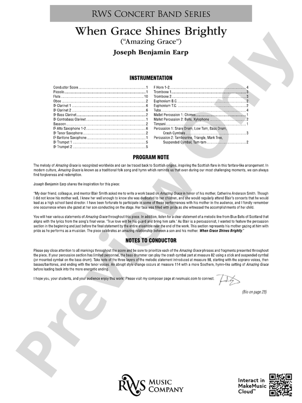 When Grace Shines Brightly - ("Amazing Grace") - Concert Band Conductor Score & Parts (Digital Download)