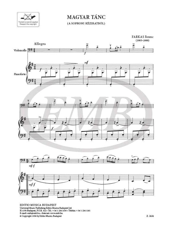 Farkas - Early Hungarian Dances from the 17th Century - Violin Solo EMB Z2424