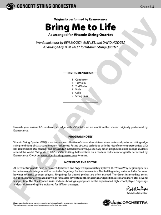 Bring Me to Life – String Orchestra Conductor Score & Parts (Digital Download)