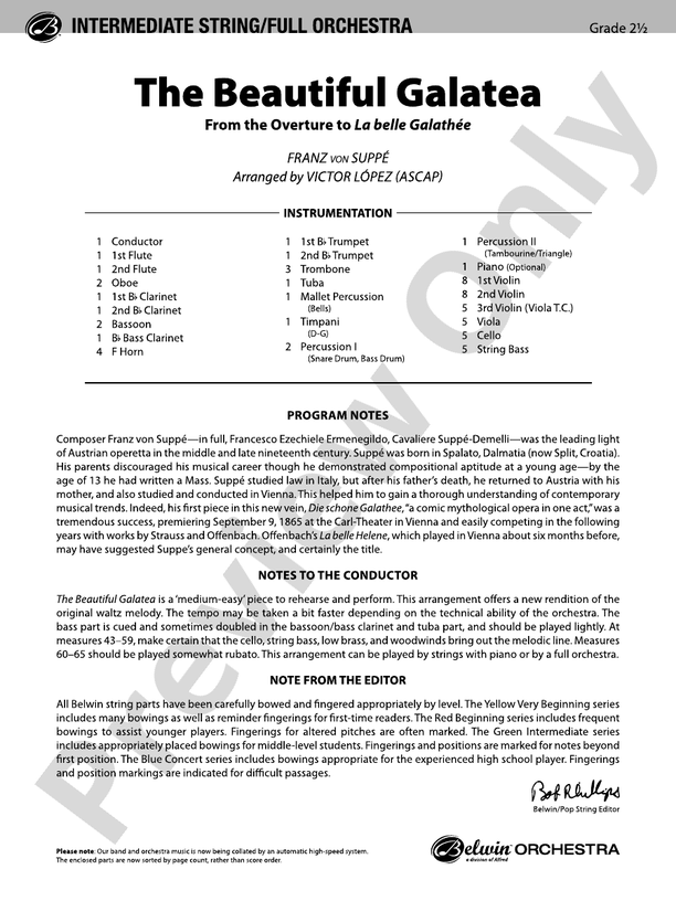 The Beautiful Galatea – Full Orchestra Conductor Score & Parts (Digital Download)