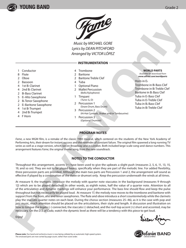 Fame (from the motion picture Fame) - Concert Band Conductor Score & Parts (Digital Download)
