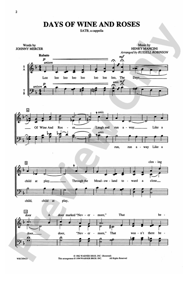 Days of Wine and Roses – SATB, a cappella Choral Octavo (Digital Download)