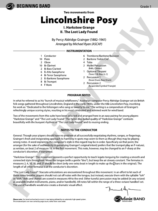Lincolnshire Posy - Concert Band Conductor Score & Parts (Digital Download)