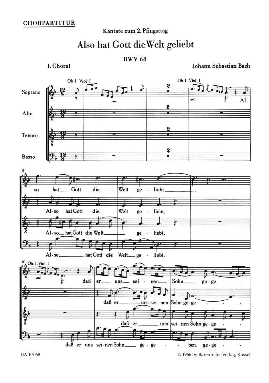 CANTATA 68 ALSO HAT GOTT BWV 68 CHORAL SC