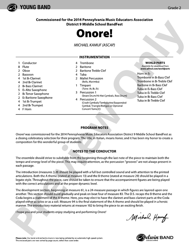Onore! - Concert Band Conductor Score & Parts (Digital Download)