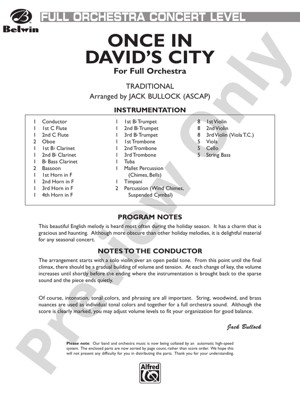 Once in David's City – Full Orchestra Conductor Score & Parts (Digital Download)