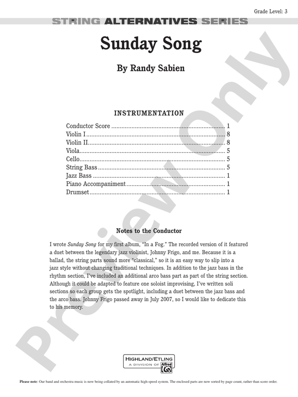 Sunday Song – String Orchestra Conductor Score & Parts (Digital Download)