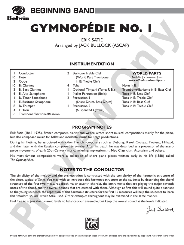Gymnopedie No. 1 - Concert Band Conductor Score & Parts (Digital Download)
