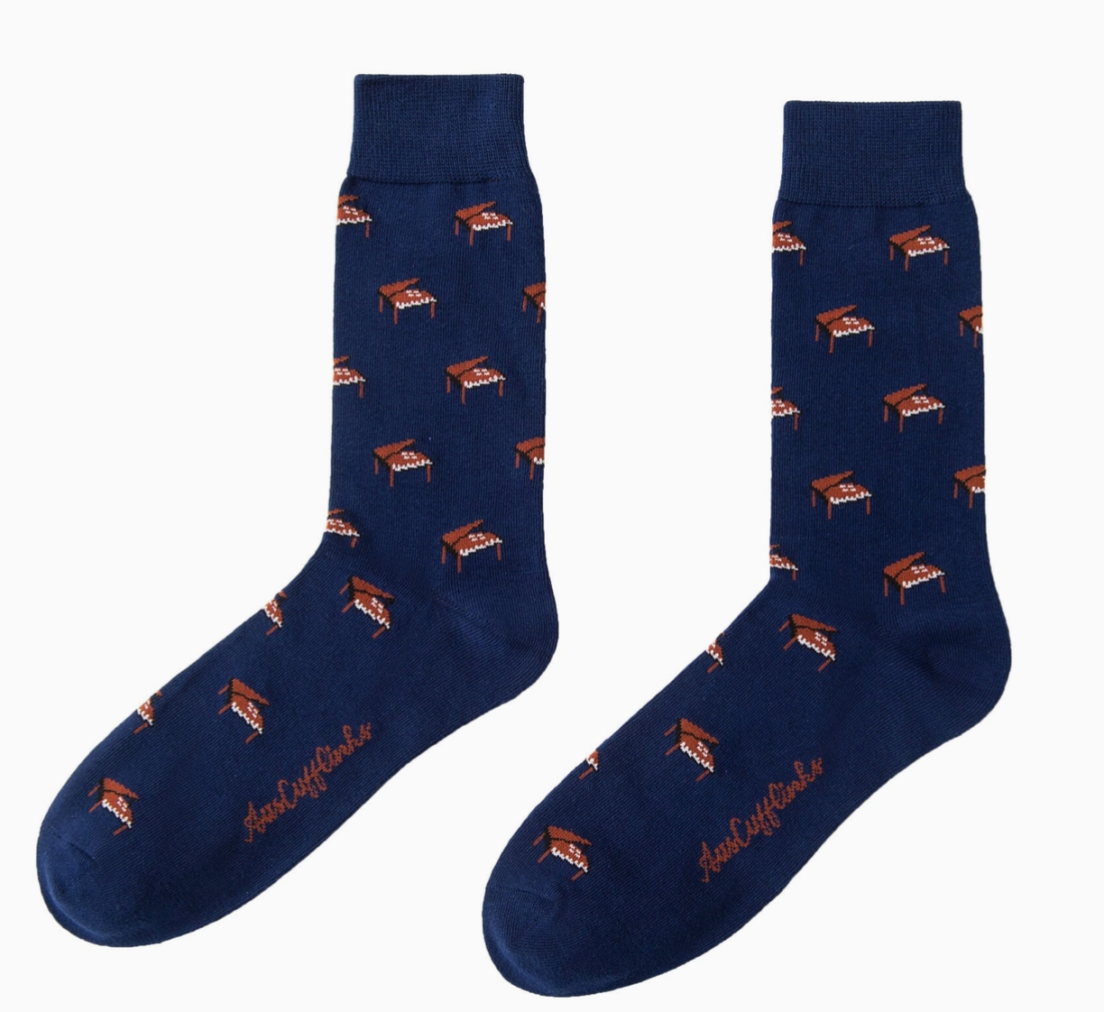 Grand Piano Socks Navy Blue with Brown Grand Pianos