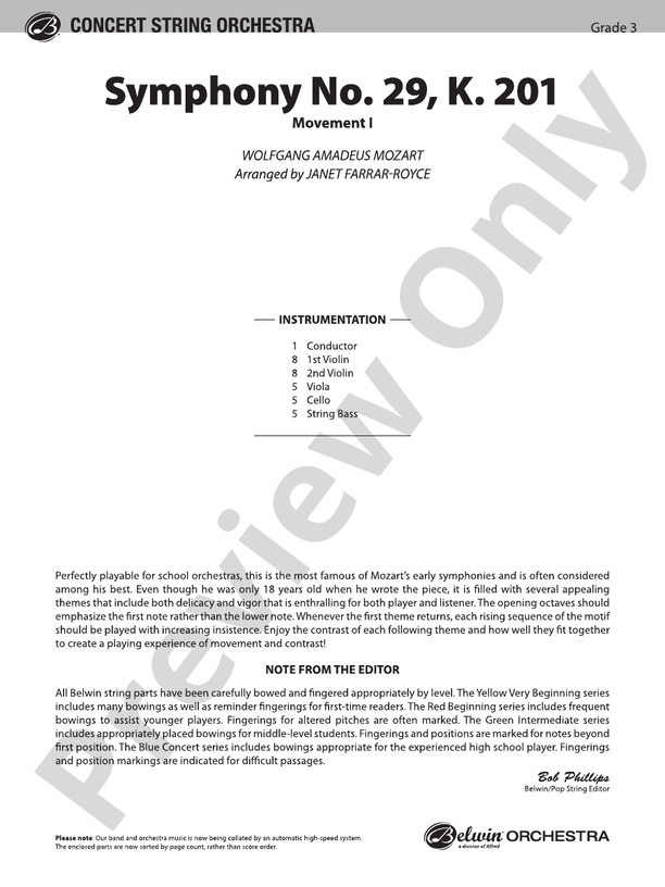 Symphony No. 29, K. 201 – String Orchestra Conductor Score & Parts (Digital Download)