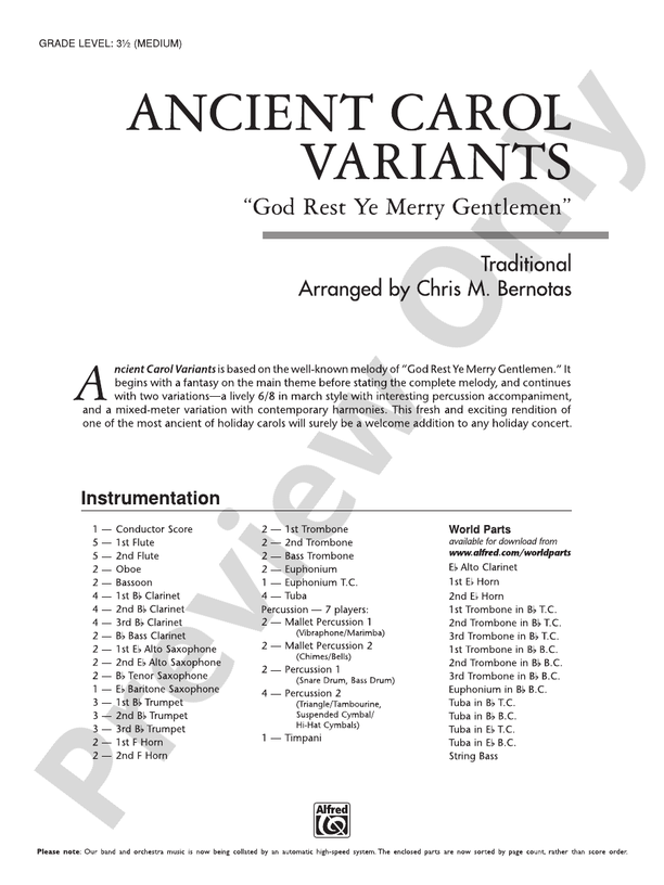 Ancient Carol Variants - Concert Band Conductor Score & Parts (Digital Download)