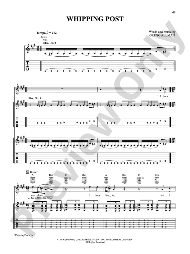 Whipping Post - Easy Guitar (Digital Download)