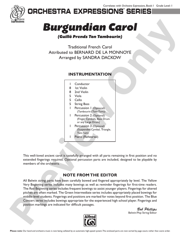 Burgundian Carol (Guillo Prends Ton Tamourin) – String Orchestra Conductor Score & Parts (Digital Download)