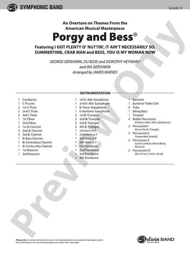 Porgy and Bess (Medley) - Concert Band Conductor Score & Parts (Digital Download)