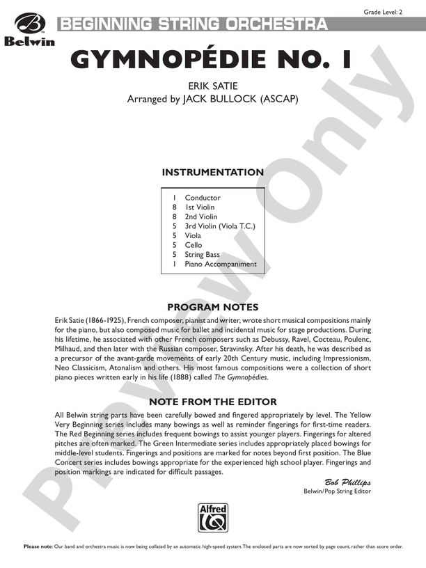 Gymnopedie No. 1 – String Orchestra Conductor Score & Parts (Digital Download)