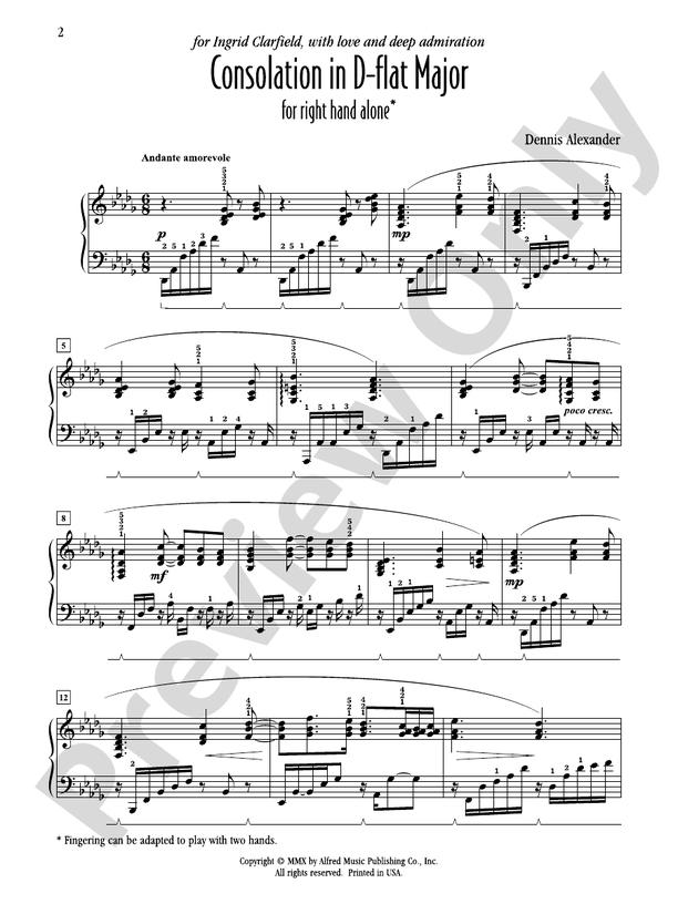 Consolation in D-flat Major (for right hand alone) - Piano Solo (Digital Download)