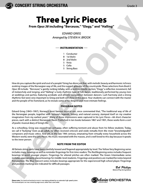 Three Lyric Pieces – String Orchestra Conductor Score & Parts (Digital Download)