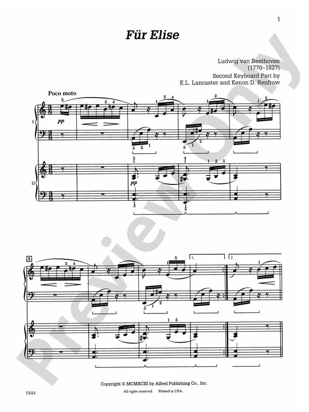 Fur Elise - 2 Pianos, 4 Hands (Digital Download)