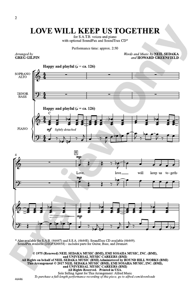 Love Will Keep Us Together – SATB Choral Octavo (Digital Download)