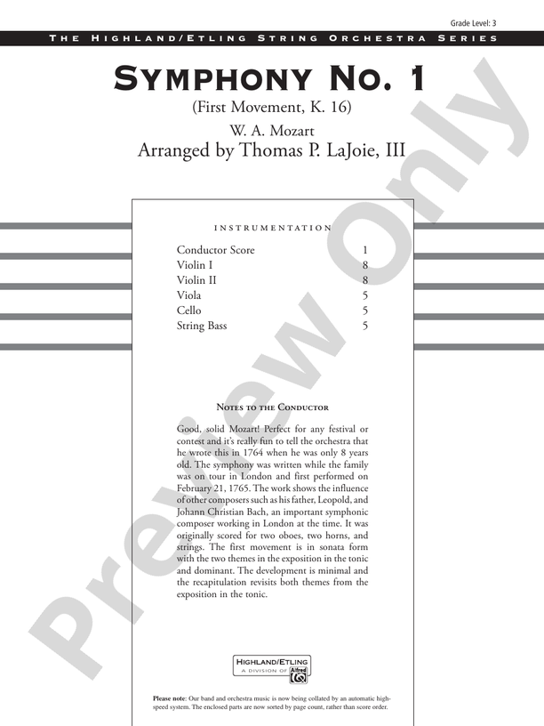 Symphony No. 1 (1st Movement, K.16) – String Orchestra Conductor Score & Parts (Digital Download)