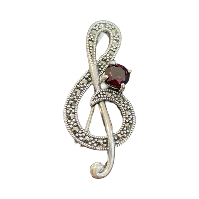 Marcasite Treble Clef Brooch and Pendant with a Garnet Stone