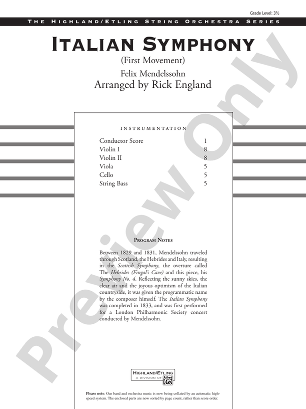 Italian Symphony (First Movement) – String Orchestra Conductor Score & Parts (Digital Download)