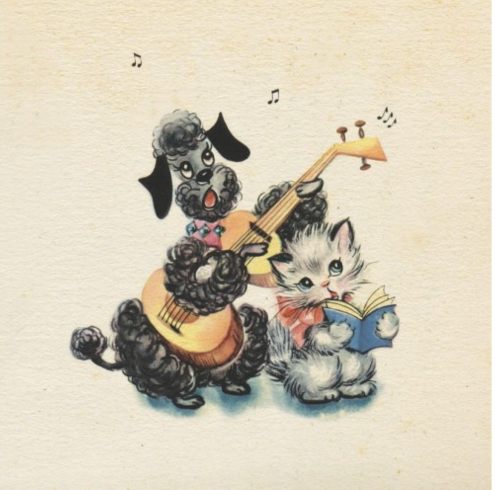 Greeting Card - Vintage Dog Playing Guitar and Kitten Singing