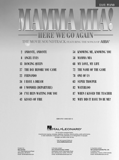 Mamma Mia Here We Go Again Movie Soundtrack Featuring The Songs Of Abba - Easy Piano Hal Leonard 280954