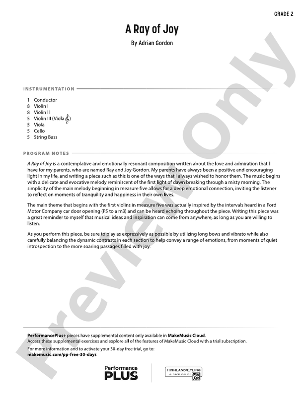 A Ray of Joy – String Orchestra Conductor Score & Parts (Digital Download)