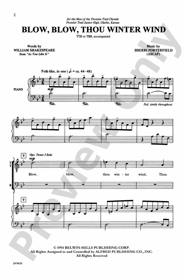 Blow, Blow, Thou Winter Wind – TTB or TBB Choral Octavo (Digital Download)