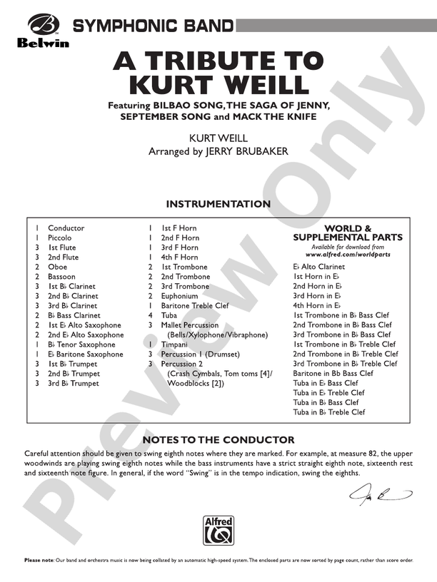 A Tribute to Kurt Weill - Concert Band Conductor Score & Parts (Digital Download)