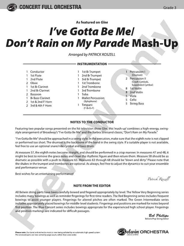 I’ve Gotta Be Me / Don’t Rain on My Parade Mash-Up – Full Orchestra Conductor Score & Parts (Digital Download)