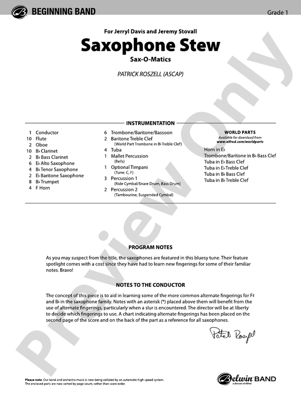Saxophone Stew - Concert Band Conductor Score & Parts (Digital Download)