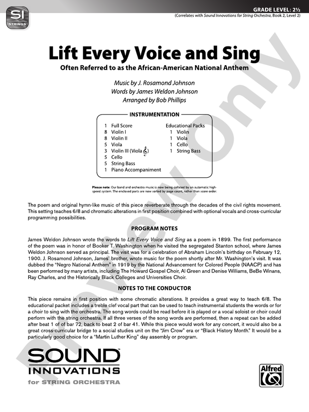 Lift Every Voice and Sing - String Orchestra Conductor Score & Parts (Digital Download)