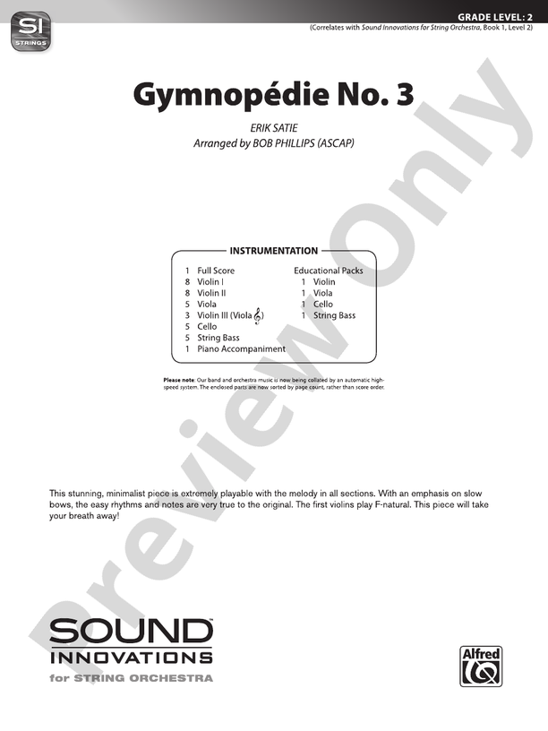 Gymnopédie No. 3 – String Orchestra Conductor Score & Parts (Digital Download)